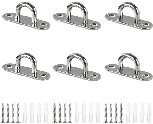 Jesustree Placa de Ojo de Acero Inoxidable, 6 Piezas M6 Ganchos de Techo Anclaje con Tornillos, Forma U Ganchos Placa de Ojal Pared para Objetos Colgantes, Macetas, Toldos