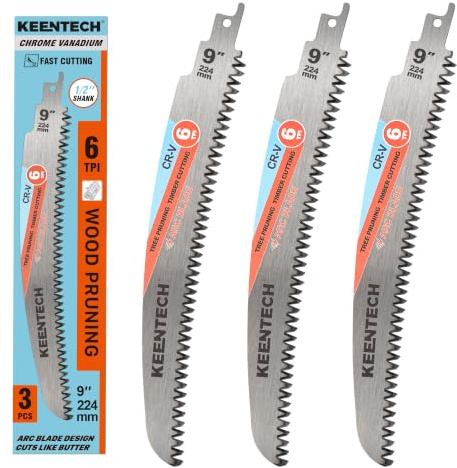 KEENTECH 9 Inch Arc-Shaped Reciprocating Saw Blades for Wood Cutting & Tree Pruning, Cr-V Steel, 6 TPI Triple-Ground Japanese Teeth for Ultra-Fast Wood Cutting, Fits Most Reciprocating Saws, 3-Pack