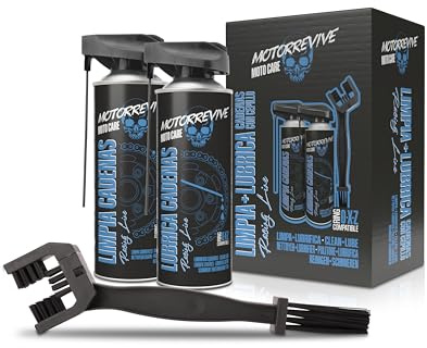 Motorrevive Pack Racing Line con detergente, lubrificante e Spazzola per Catene di Moto 380 + 380 ml. Grasso Liquido. Manutenzione Completa per Moto Sportive ad Alte Prestazioni