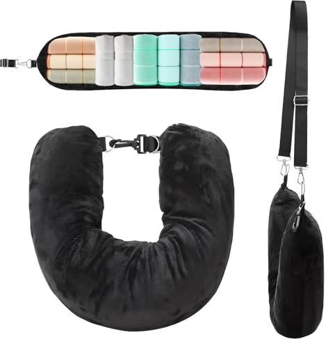 XXHUO Stuffable Neck Pillow For Travel, Travel Pillow With Adjustable Straps Neck Cushion Stuffable With Clothes Airplane Travel Pillows For Adults For Extra Luggage Travel Essentials Black