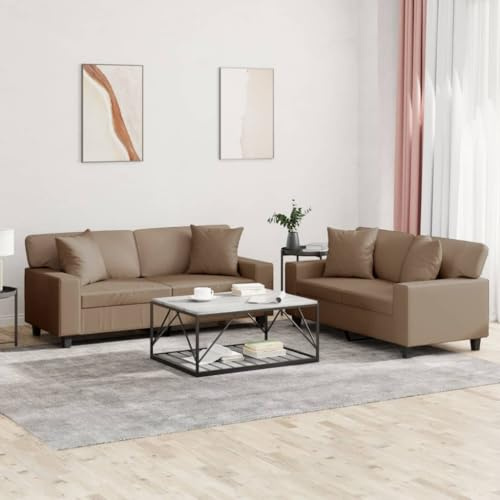 KTHLBRH Ensemble de canapés avec coussins 2 pièces en cuir synthétique cappuccino Ensemble de canapés en cuir synthétique, structure robuste et stable, assise confortable