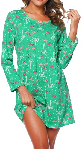 MIA LUCCE Nattlinne damer långärmade nattskjortor nattkläder bomull sovskjorta sovklänning hemklänning damer nattskjorta mjuk och lätt loungewear nattlinne för kvinnor, Grön flamingo, XXL