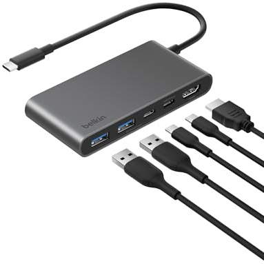 Belkin USB C Hub, 5-Port Hub w/ 4K HDMI Display @ 60Hz, 100W Power Delivery, Fast Data Transfer 5Gbps, USB C Multiport Adapter for MacBook, iPad Pro, Chromebook, & More - Upgraded HDMI 2.0 - Grey