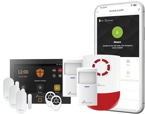 NIVIAN Système d’Alarme WiFi + GSM 4G Écran Tactile 7 – Kit Complet Maison avec 3 Capteurs d’Ouverture, 2 Détecteurs de Mouvement, Sirène, Télécommandes – Double Sécurité WiFi & SIM – App Tuya