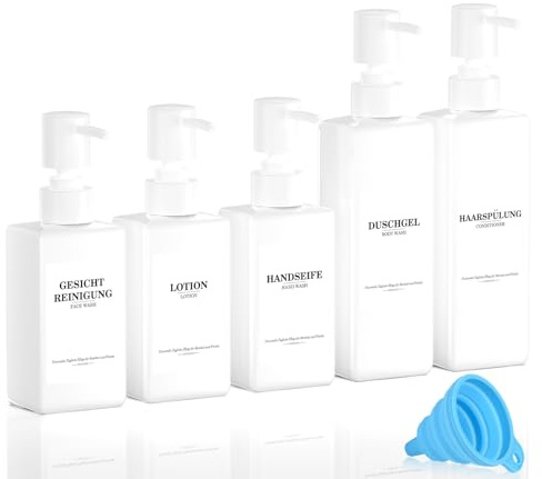 5er Set Wiederverwendbare Shampoo Spender Flaschen zum Befüllen, 3x300ml + 2x500ml Weiß Nachfüllflaschen mit Pumpspender, Etiketten & Trichter für Bad Küche Duschgel