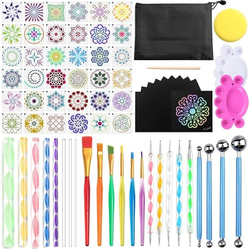 BARAKYEG Kit di Pittura Mandala Set di 74 Strumenti Mandala Dotting Tools Include la Pittura della Roccia Stencil,Aste Acriliche,Strumenti di punteggiatura ecc per Disegno Artigianato Nail Art DIY