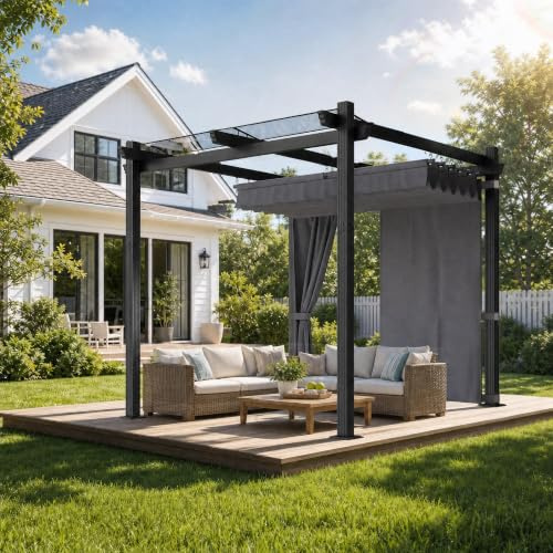 JUMMICO Aluminium Pergola Pavillon 3x3m wasserdicht stabil Winterfest, Gartenpavillon mit Schiebedach & Seitenwand, Sonnenschutz für Garten Terrasse & Balkon, schützt vor Sonne, Regen, langlebig, Grau