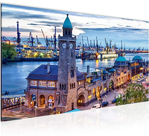 Runa Art Wandbild Hamburg 1 Teilig 100 x 40 cm Modern Bild auf Vlies Leinwand Stadt Hafen Wohnzimmer Schlafzimmer Blau 603012a