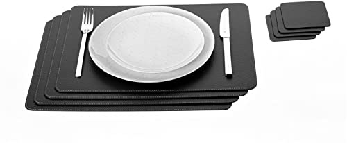 Nikalaz Platzsets und Untersetzer (4er Set) aus recyceltem Leder, Tischsets, 4 Stück Platzsets und 4 Undersetzer, Platzdeckchen und Untersetzer 10 x 10 cm (40 x 30 cm, Schwarz)