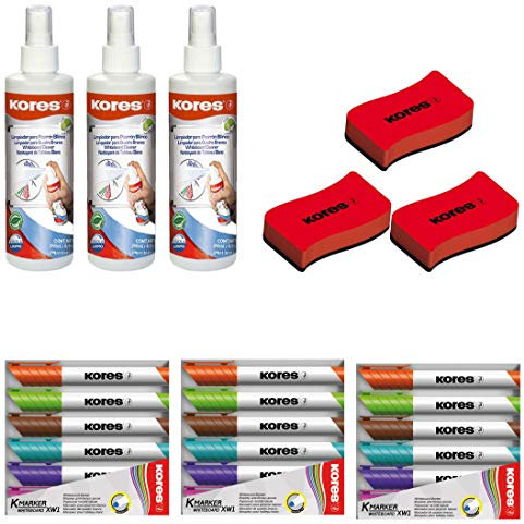 Kores Whiteboard Reiniger, Pump-Spray-Flasche, 250 ml (3, Whiteboard-Reiniger + Löscher + 6 Marker)