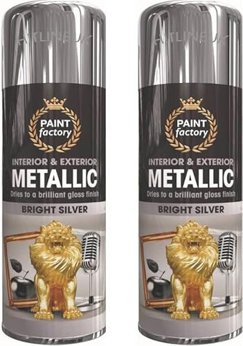 HitlineUK 2 x 400ml Silver Metallic Aerosol Spray Paint Wood Metal Car Plastic 1752PR Paint Spray