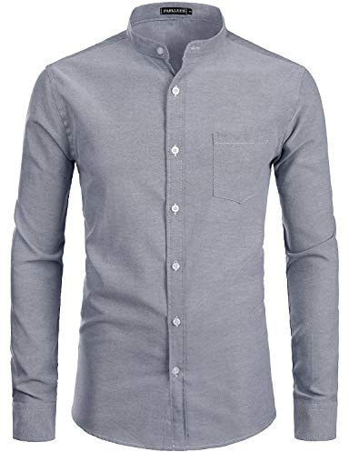 PARKLEES Herren Slim Fit Einfarbig Langarm Stehkragen Oxford Hemd mit Brusttasche PZ112 Grau L