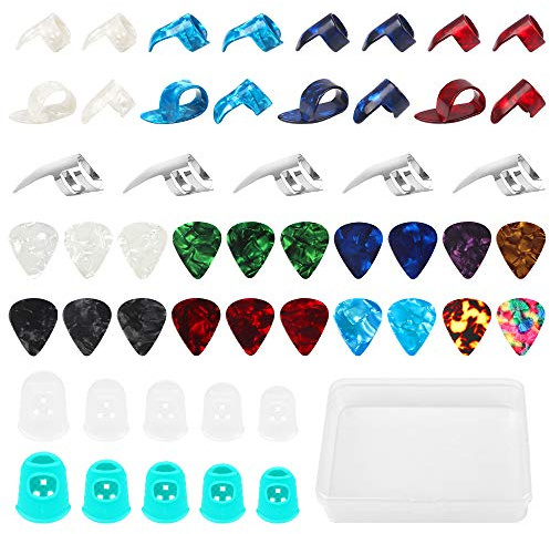 Gitarre Zubehör Set 51 Stücke Gitarren Fingerschutz Fingerspitzen Zelluloid Gitarrenplektren Gitarren Plektrum für Akustikgitarre E-Gitarre Ukulele Bass