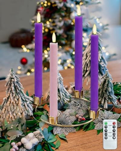 SHYMERY Flameless Advent Candles,Real Wax Battery Operated Electric LED Taper Candles with Remote Timer, Set of 4 Purple & Pink Flickering for Wreath Thanksgiving Christmas Outdoor Centerpieces