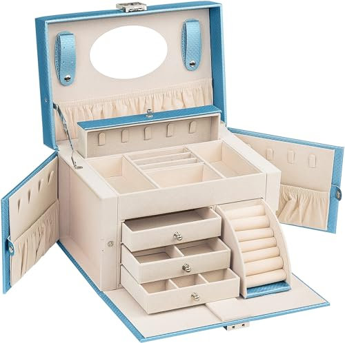 ADEL DREAM Vierschichtige Juwelier-Box Ohrringe mit abschließenden Anhängern Halsketten Spiegelfächer und Stauräume Blau