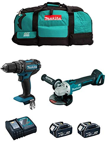 MAKITA Kit MK205 (Taladro Percutor DHP482 + Mini-Amoladora DGA504 + 2 Baterías de 5,0 Ah + Cargador + LXT600)