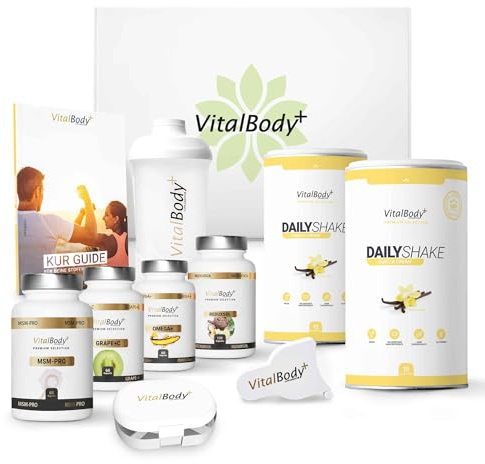 VitalBody+ Stoffwechselkur, 30 Tage, 9-teiliges Set inkl. Betreuung | HCG-Diät, Mahlzeitenersatz-Shake, MSM, OPC, Omega-3, Sättigungskapseln, VIP Coaching