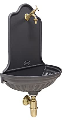 Fonderia Bongiovanni Wandbrunnen, Modell Barcelona, für Haus und Garten, mit Wasserhahn und Siphon aus Messing, Finish nach Wahl (brüniert)