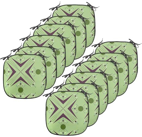 Ambesonne Mid Century Chair Seating Cushion Set of 12, Atomic Form Boomerang Details Dots and Crossed Lines, Anti-Slip Seat Padding for Kitchen & Patio, 16x16, Apple Green Indigo