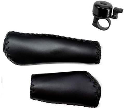 Knus Lenkergriffe Fahrradgriffe Kunstleder Lang/Kurz 135/92 mm in schwarz inkl. 1 x Fahrradklingel