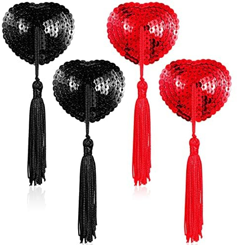 Xinjieda Reusable Adhesive Nipple Covers, Heart-Shaped Silicone Pasties with Tassels