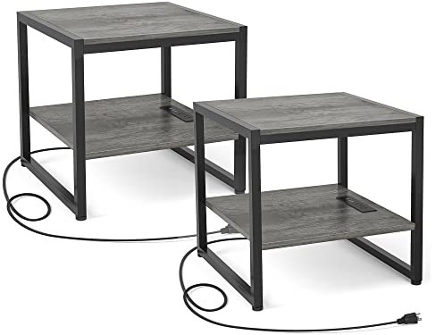 Homieasy End Table with Charging Station, 20 Mini Fridge Stand with Power Outlets, Heavy Duty Side Table for Living Room, Small Table Stand & Fridge Table, Black Oak, 2 Pack