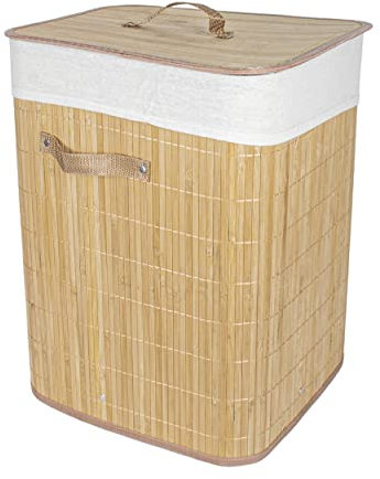 Cesto Ropa Sucia Bambú con Tapa Forma Rectangular Plegable 35x35x50cm - Cesta Cubo para Colada con Asa Capacidad 60L