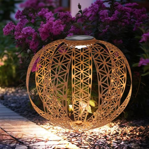 Solarleuchte Solarkugel Rostoptik für Außen rost Garten Solarlampe orientalische Kugel, mit Lichteffekt und Erdspieß, 1x LED warmweiß, D 30 cm