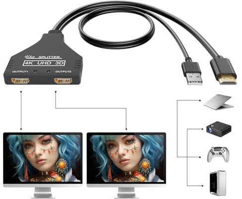 BATU HDMI Splitter 1 in 2 Out 4k 30hz HDMI Cable 2.0 Male to Dual Female with Power USB Cable for HD, LED, LCD, TV Dual Monitors Duplicated-Mirror Support 1080P 3D Full HD