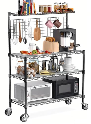 Leteuke Bakers Rack with Storage & Wheels, 42 Inch Microwave Stand Kitchen Shelves, 4-Tier Heavy Duty Storage Rack with 20 S-Hooks, Commercial Metal Utility Kitchen Cart, 42× 18× 63 Inch, Black
