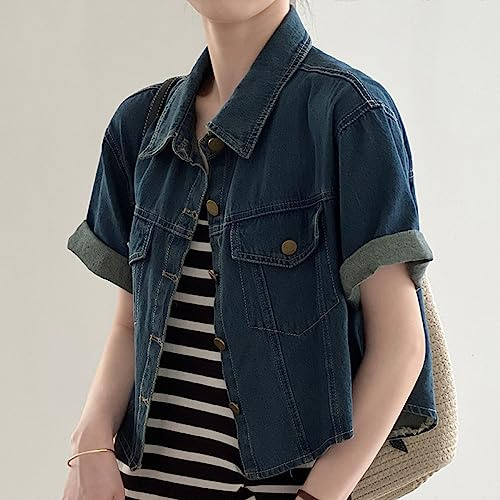 Veste en Jeans Femme, Veste en Jean À Manches Courtes pour Femme Vintage Revers en Détresse Boutonné Manteau en Denim Court Été Mode Lavage Faded Jean Biker Manteau Tops pour Dames Filles,Bleu
