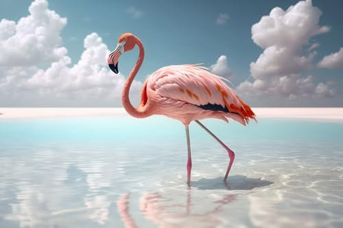 Acryl-Bild 90 x 60 cm: Flamingo, der am tropischen Strand mit abstraktem Hintergrund der weißen Wolken des blauen Himmels geht. Natur, Umwelt und (199734314)