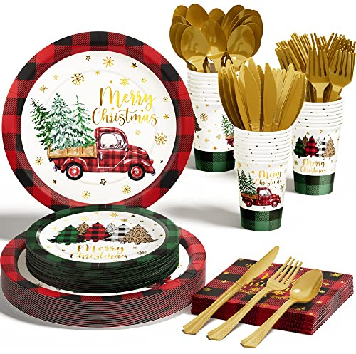 Christmas Party Decorations Supplies - 175 PCS Christmas Xmas Disposable Dinnerware Set(25 Guest) with Buffalo Plaid Truck Tree Paper Plates Napkin Cup Plastic Fork Knives Spoon for Holiday Decor