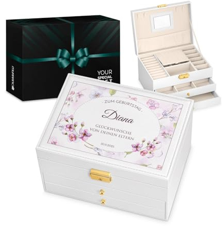 Maverton Schmuckkästchen mit Aufdruck - abschließbare Schmuck Aufbewahrungsbox mit Spiegel & 2 Schubladen - funktionale 3-stöckige Schmuckschatulle für Frauen zum Geburtstag - Weiß - Blumenmotiv
