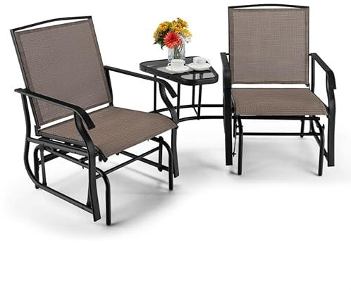 COSTWAY Garden Double Glider Rocking Chairs, 2 Seater Swing Chair Relax Rocker with Middle Glass Table & Umbrella Hole, Metal Frame Outdoor Conversation Set Gliding Loveseat for Patio Poolside (Brown)