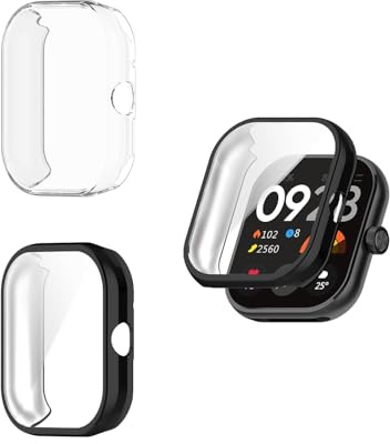 HOMTERN [Paquete de 2 Fundas diseñadas para Redmi Watch 4, Carcasa Ligera de TPU Suave, a Prueba de caídas, Pantalla Flexible a Prueba de arañazos, Funda Protectora Completamente Cubierta, Negra y TR
