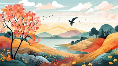 adrium Acryl-Bild 90 x 50 cm: Herbstlandschaft mit See, Bergen, Wald und Vögeln. Vektorillustration (213066595)