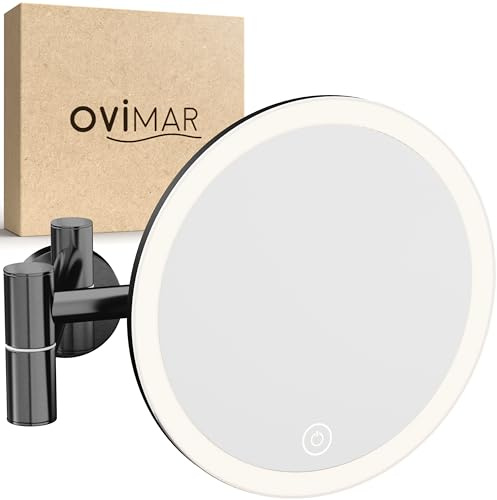 ovimar Specchio cosmetico Ringstind Gunmetal | con illuminazione | ricaricabile | montaggio a parete per forare | in bagno | specchio ingranditore 5x | specchio da trucco con luce | specchio a 360