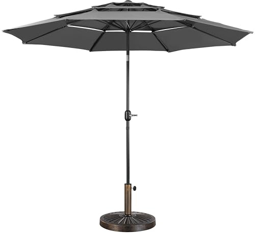 Yaheetech 3.2m Garden Parasol 3 Tier Vented Patio Table Umbrella with Crank Handle & Tilt, Include 14kg Umbrella Stand Parasol Base Weight Grey