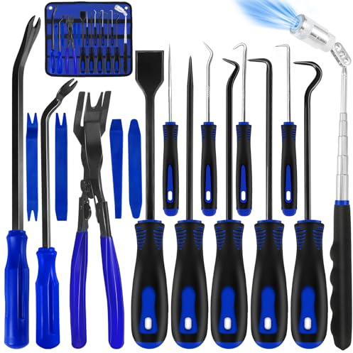 Lot de 17 Médiators de Précision et Crochet pour Joint d'huile joint Torique Spatule Outils Demontage Garniture Voiture Ramassage Magnétique Télescopique Grattoir à Joint Retrait Du Clip (Bleu)