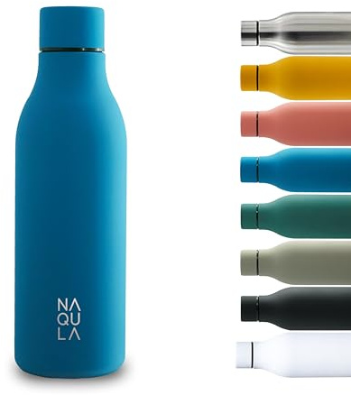 NAQULA® Thermosflasche Edelstahl 500ml. BPA Frei. Auslaufsicher. Modern. Stilvolle Trinkflasche. Minimalistische Wasserflasche. Geeignete Flasche für Büro, Sport, Schule. Blau (deep sea blue).