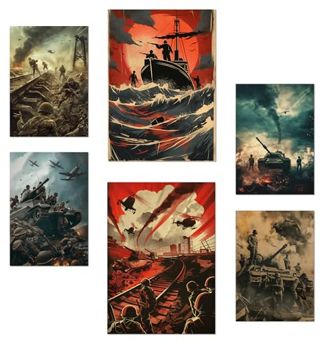 Nacnic-Set mit 6 Postern Historische Momente. Kampf auf Boot, Panzer, Hubschrauber Designillustrationen zur Dekoration der Wände Ihres Zuhauses. Räume A3 & A4 Rahmenlos