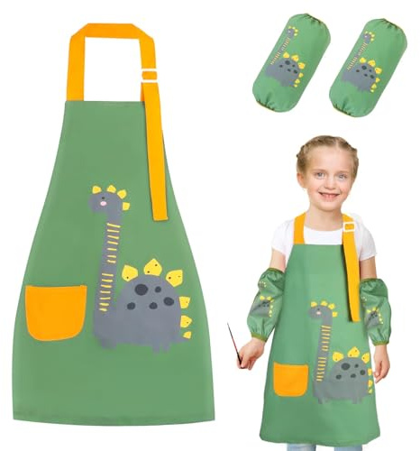 Bomclap Schürze Kinder, Malschürze Kinder mit 2 Ärmelschützern, Verstellbare Wasserdichte Kinderschürze, Kinderschürze Mädchen für von 3-10 Jahre, Geeignet zum Backen, Malen (Grüne Dinosaurier)
