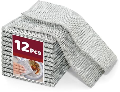 12 Stück Mehrzweck-Geschirrspüllappen Neues Upgrade Doppellagenwäscher reinigungstücher aus Draht für Nass und Trocken Wiederverwendbarer Drahtgeschirr Spültücher Multifunktionales Kettennet Schrubber