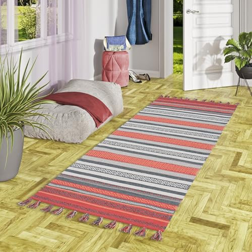 Pergamon Grace Teppichläufer aus 100% Baumwolle, handgewebter Kelim-Läufer mit modernem Streifenmuster in Rost Grau - Pflegeleicht und robust, ideal für Flur, Küche und Wohnzimmer