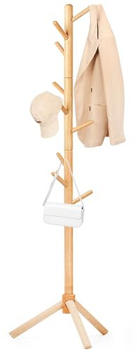 Relquorax Garderobenständer Buchenholz, Jackenständer, Kleiderständer, Baumförmige Garderobe mit 9 Haken, 3 Höhenverstellungen, freistehender-Mantelständer für Kleidung, Hüte, Schals(Naturfarbe)