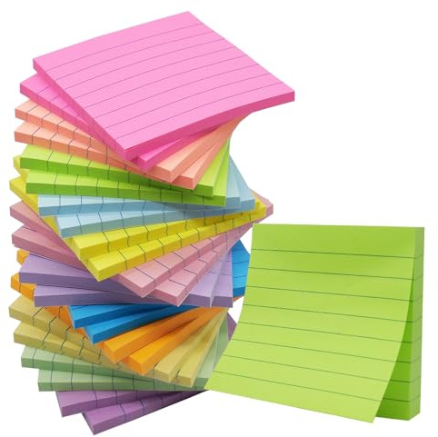 (24 Pack) Lined Sticky Notes 3x3 in Ruled Stickies Super Sticking Power Memo Pads,12 Bright Multi Colors Sticky Notes with Lines Self-Stick Note Pads