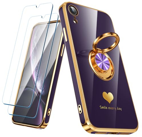 Nonional Compatible for iPhone XR Case with 2 Pack Screen Protector, 360° Rotatable Ring Holder [Luxury Hearts Pattern] Plating Gold Edge Slim Soft Phone Cover Case for iPhone XR - Purple