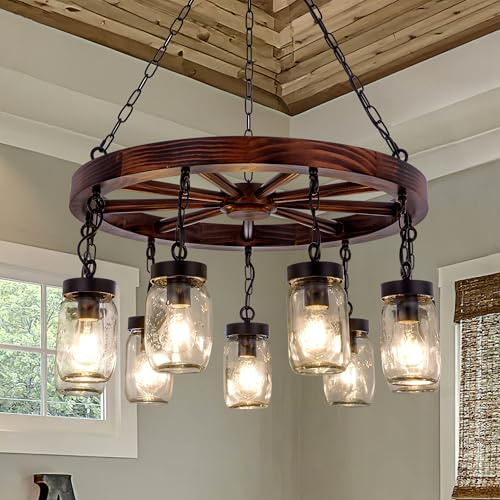 Wellmet Farmhouse Chandelier for Dining Room 30, 9-Light Rustic Wood Wagon Wheel Chandeliers for Living Room, Vintage Pendant Fixture Hanging with Glass Mason Jar for Foyer Bedroom Entryway