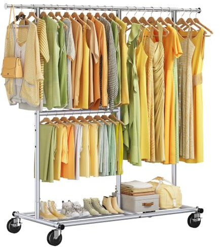 REIBII Heavy Duty Clothes Rail, 136KG Loading Capacity, Silver | Sturdy Carbon Steel, Adjustable Height & Width, Clothes Rack on Wheels, Easy to Assemble, Space-saver, Bedrooms,Laundry Room